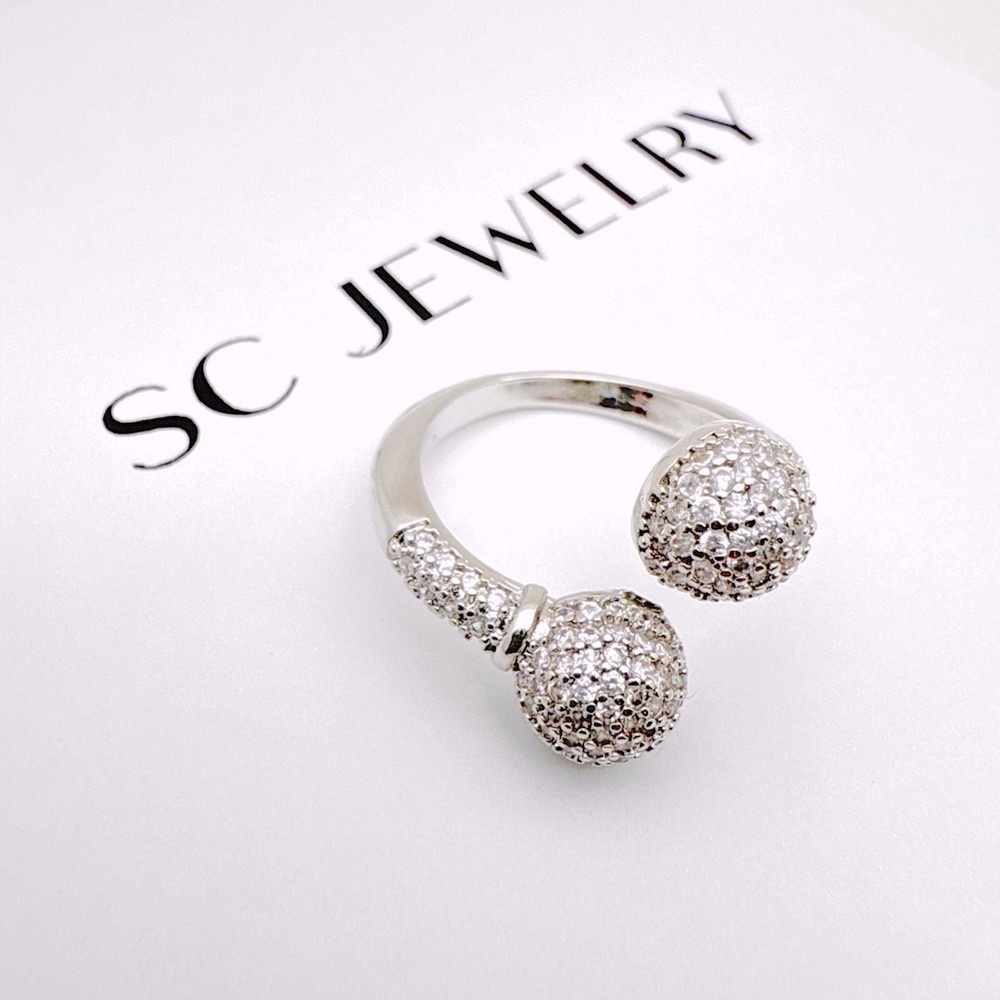 Double Ball Open Ring | Elegant Silver Women’s Ring | Real Cubic Zirconia